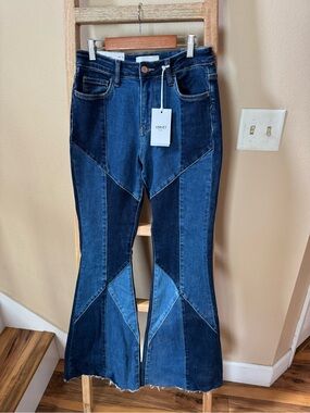 Velvet Two-Tone Dark Blue Patchwork Flare Jeans